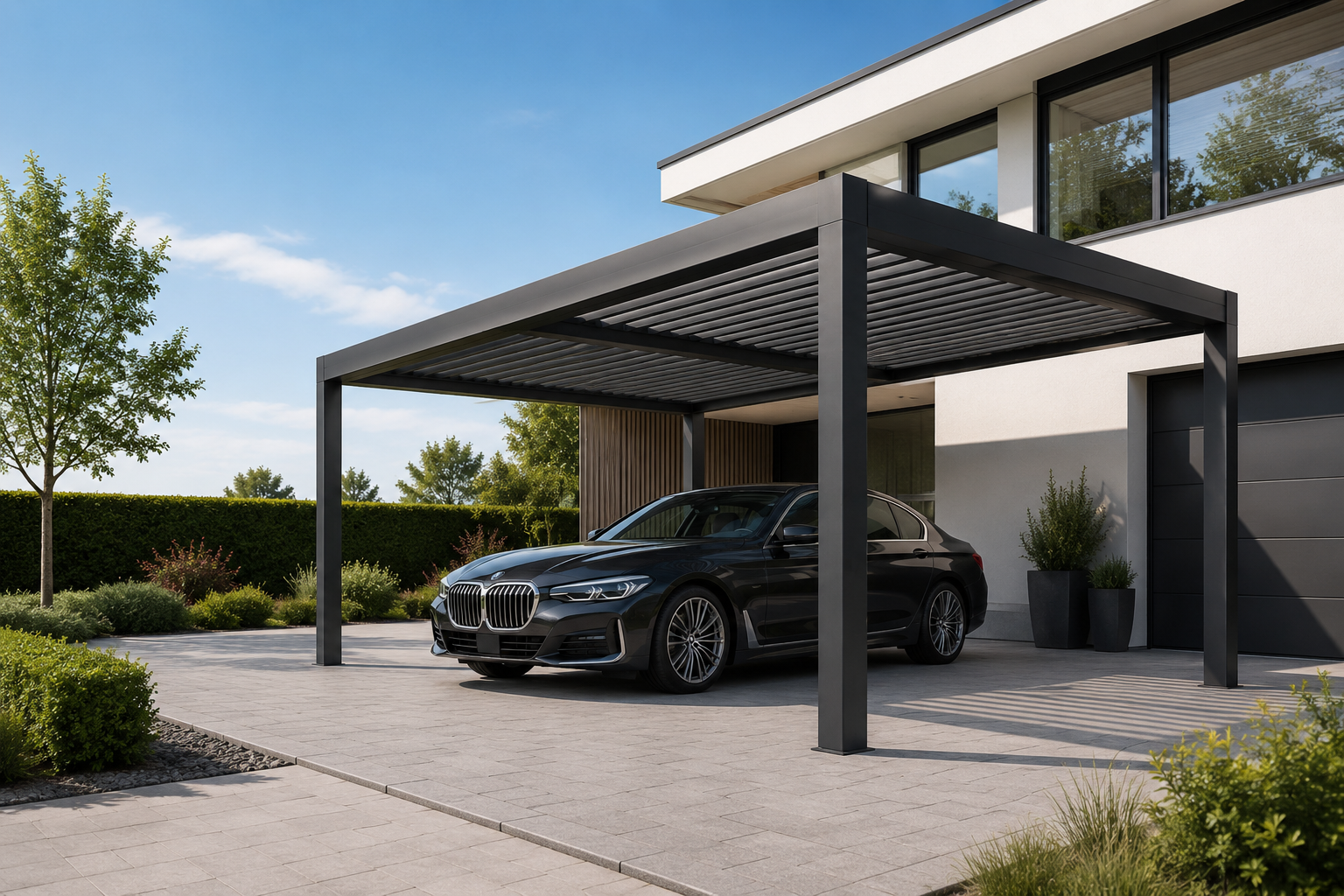 Luxury sedan parked under a modern aluminum carport structure