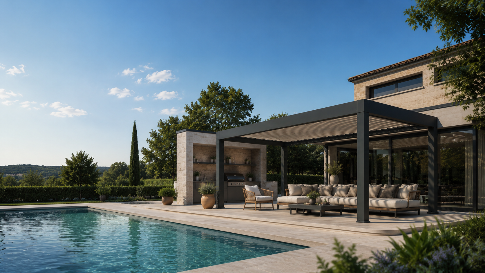 Motorized pergola beside a poolside outdoor living area