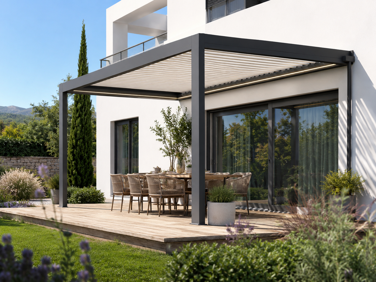 Villa patio with a motorized pergola in a modern outdoor setting