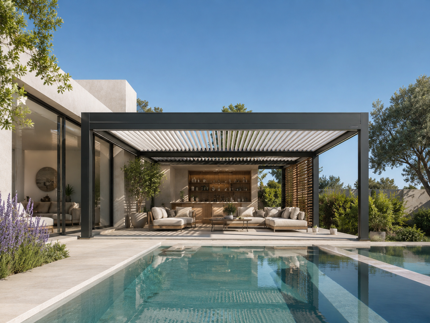 Poolside pergola retreat beside a modern villa
