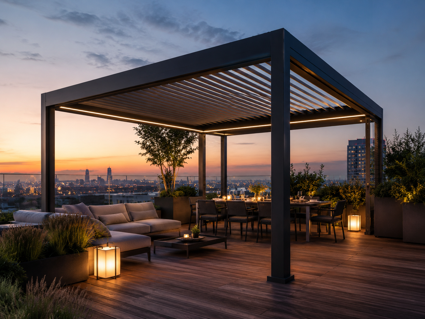 Rooftop terrace with pergola shade at sunset