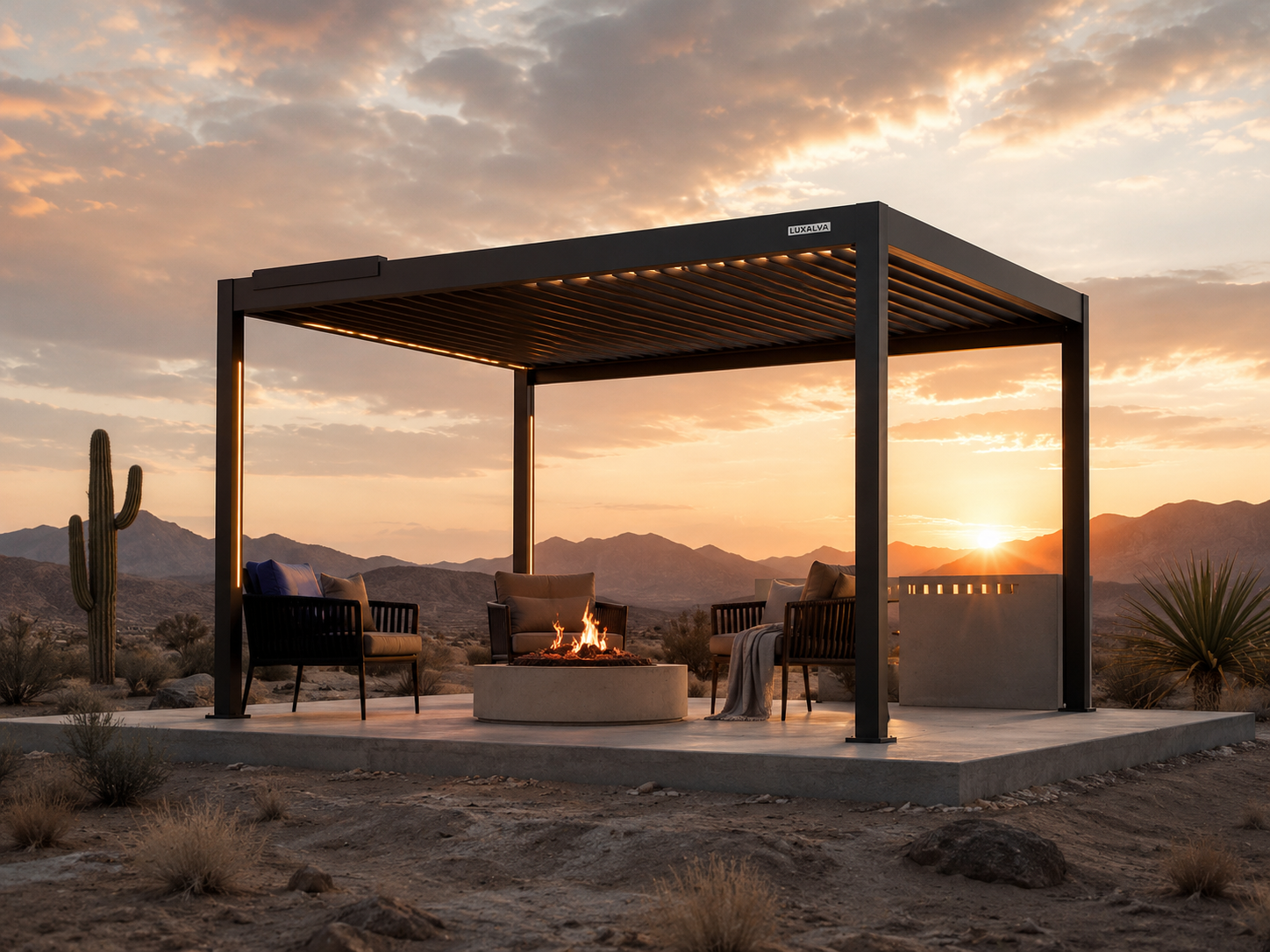 Desert resort lounge with pergola shade