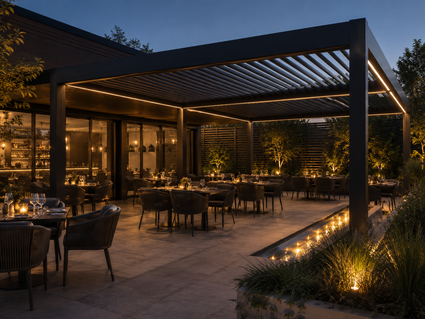 Restaurant terrace dining area under a pergola