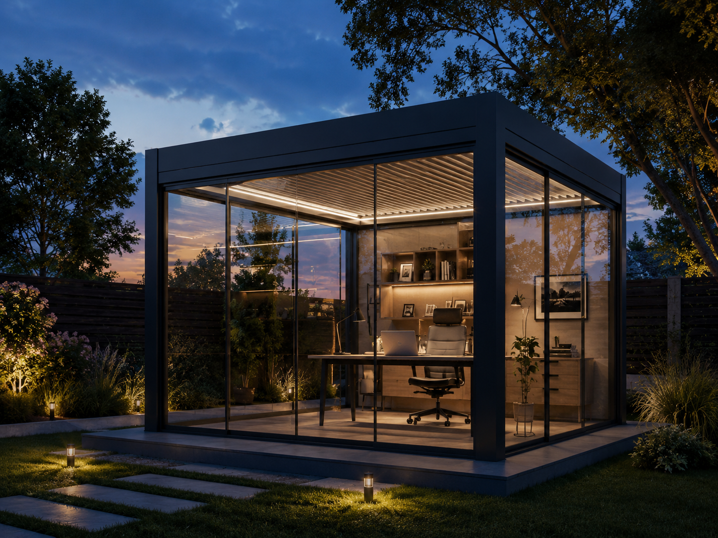Garden office pavilion with pergola coverage