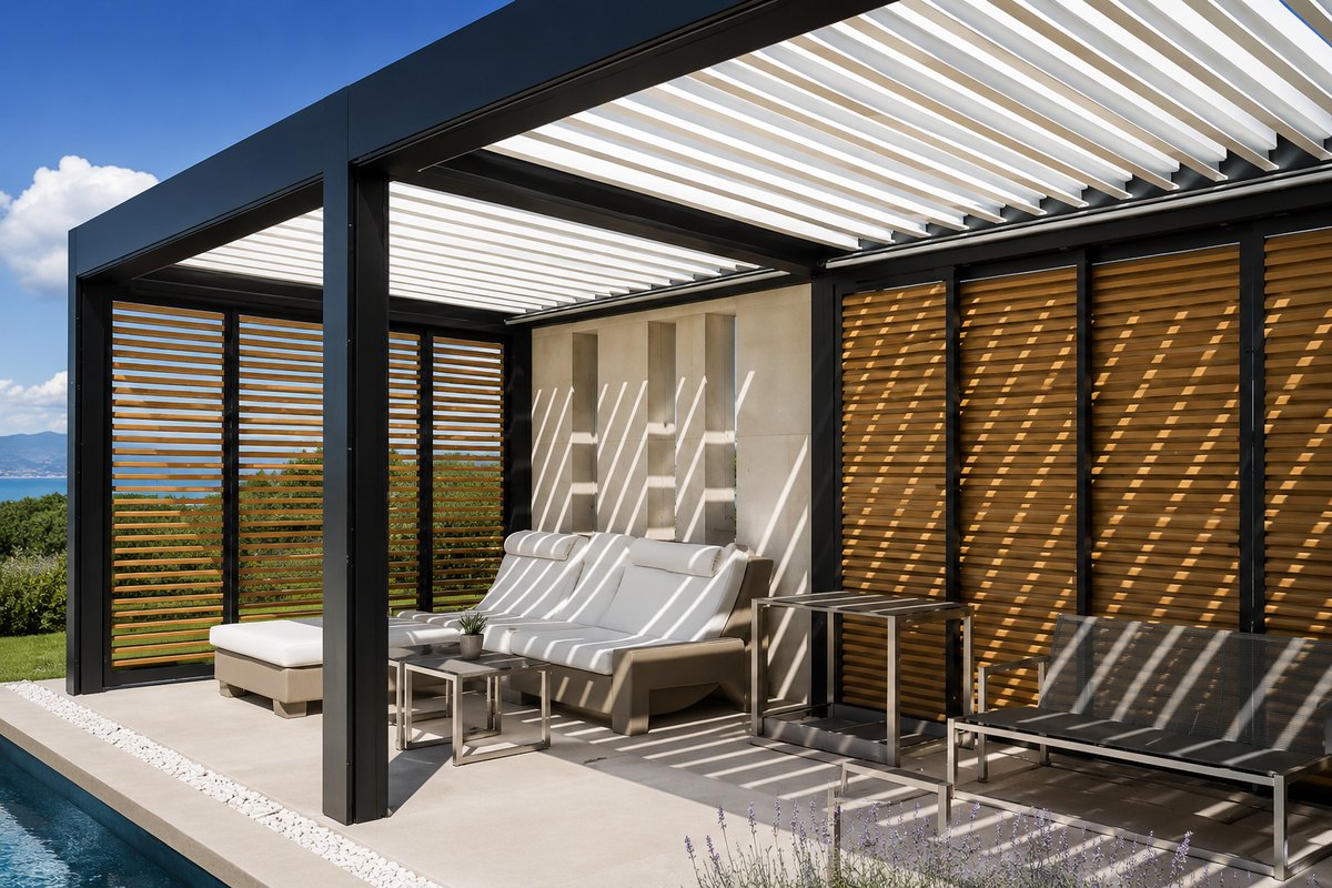 Close view of a louvered pergola beside outdoor lounge chairs